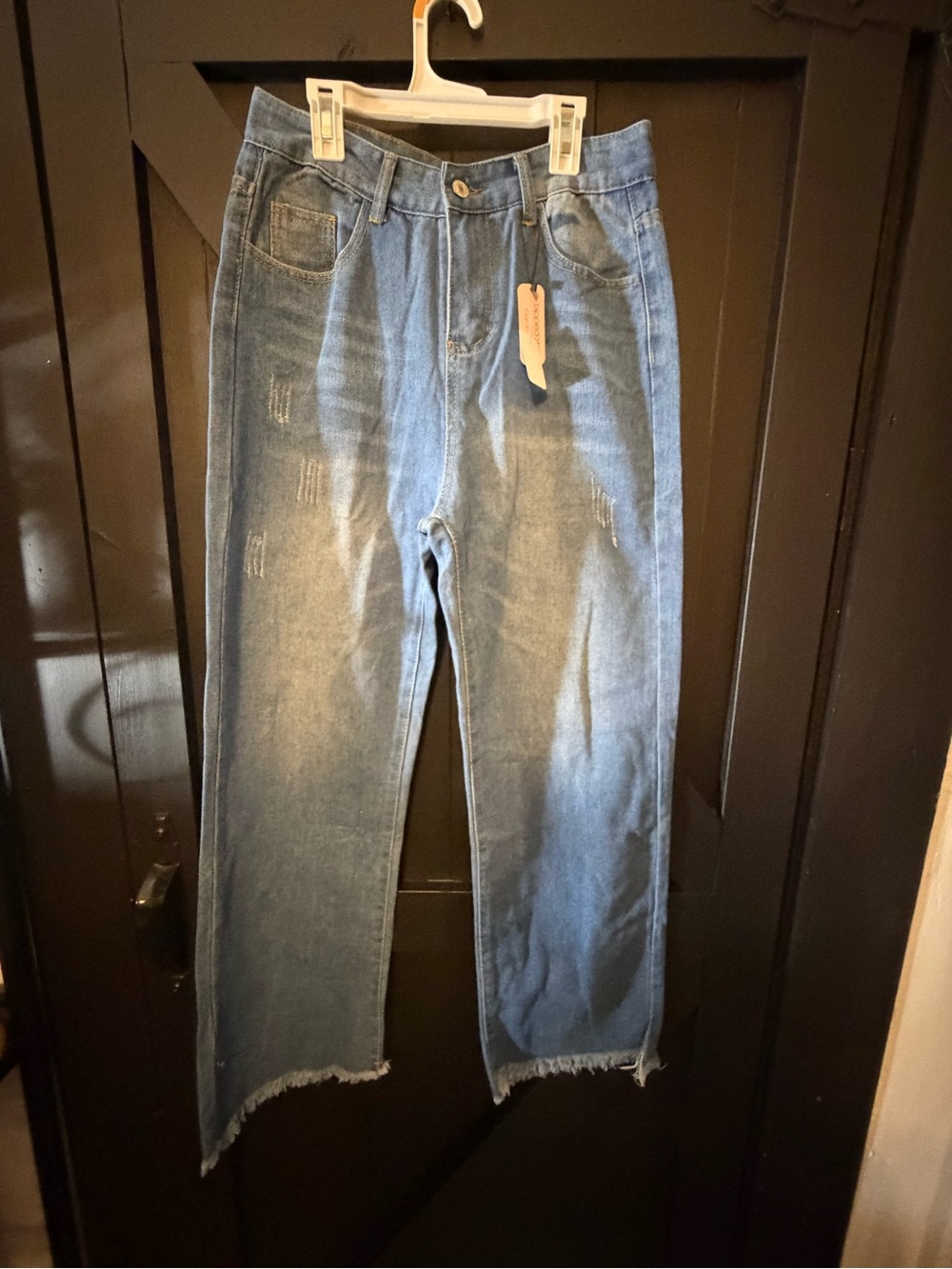 High-Rise Straight Leg Jeans in Faded Blue with Raw Hem